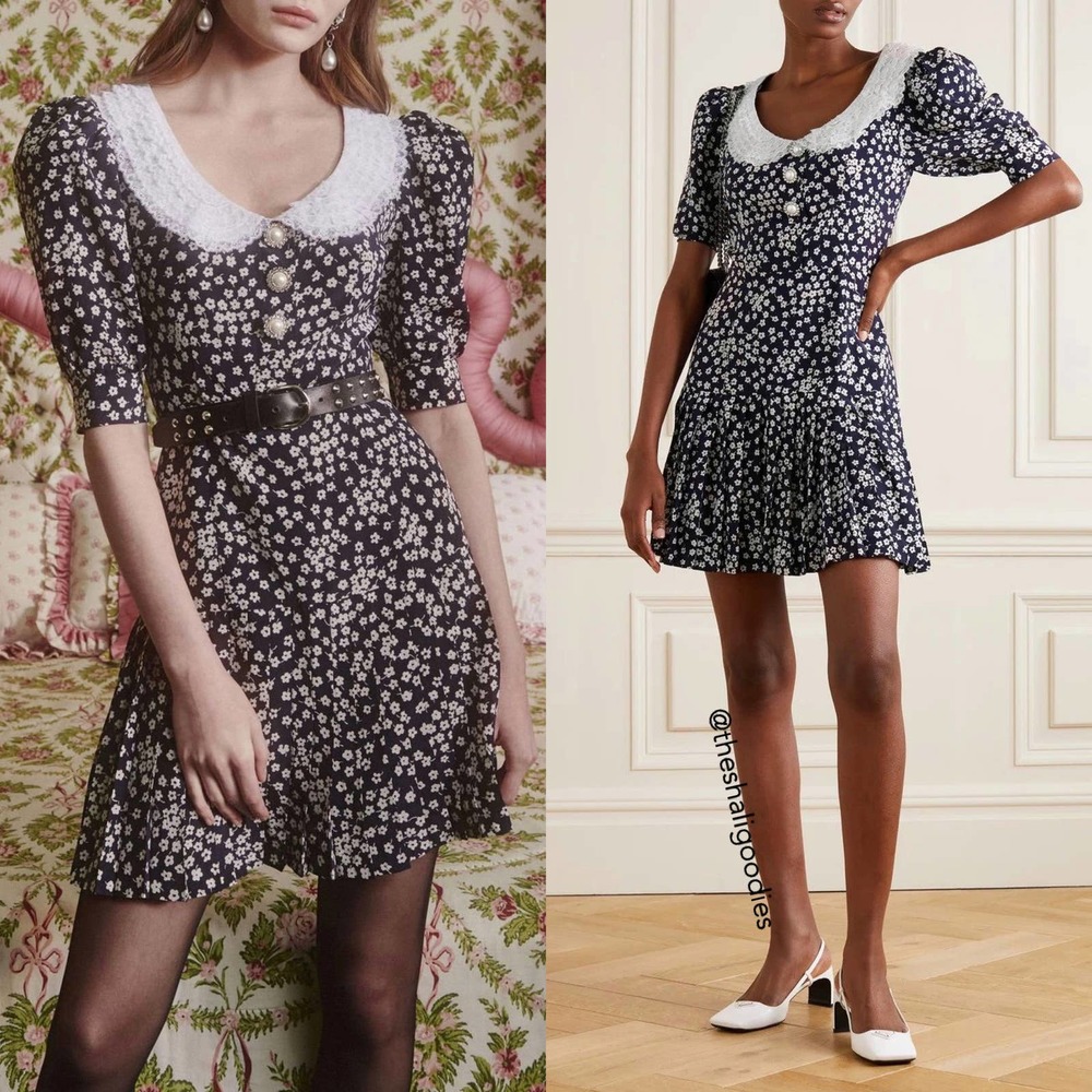 ALESSANDRA RICH Floral Daisy Print Lace Trimmed Silk Mini Dress